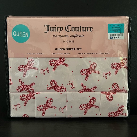 NEW Juicy Couture Christmas Red White Queen Bed Sheet Set Candy Canes - Picture 1 of 2